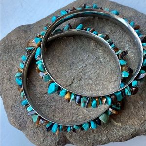 Brown and turquoise stone bangles, set of 2.